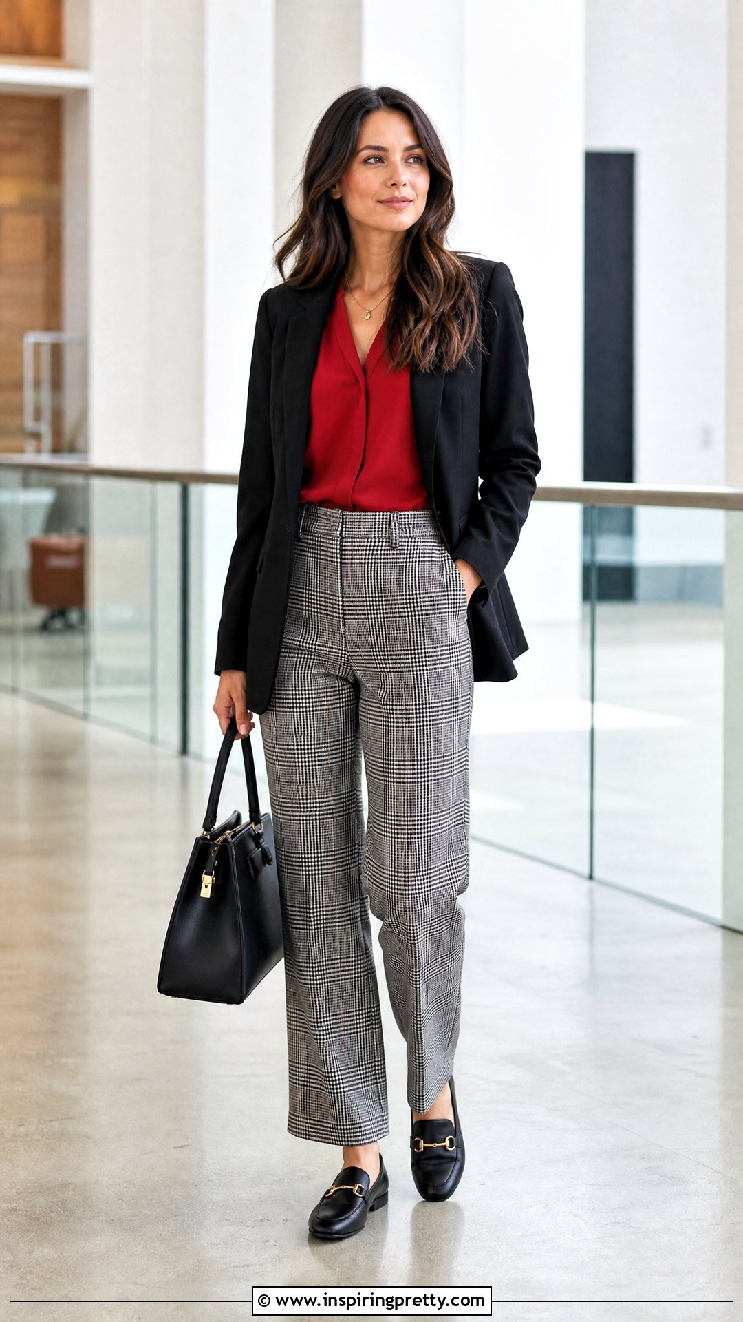 Red Blouse With Plaid Trousers - 50 cute red tops outfit ideas