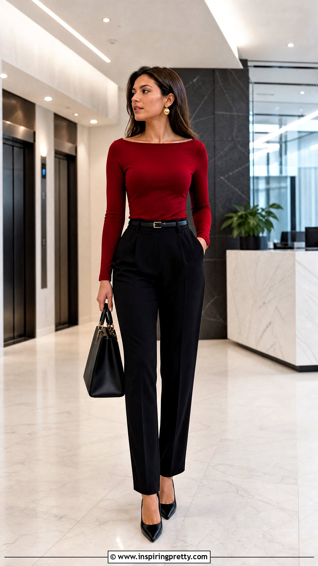 Red Boat Neck Top With Black Trousers - 50 boat neck top outfits