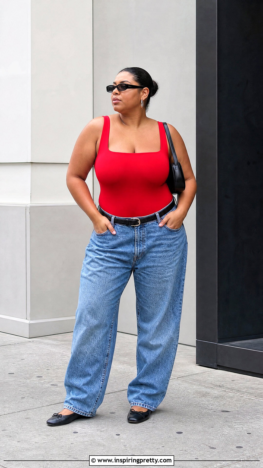Red Bodysuit With Baggy Jeans And A Black Shoulder Bag - 20 Red Top With Jeans And Accessories