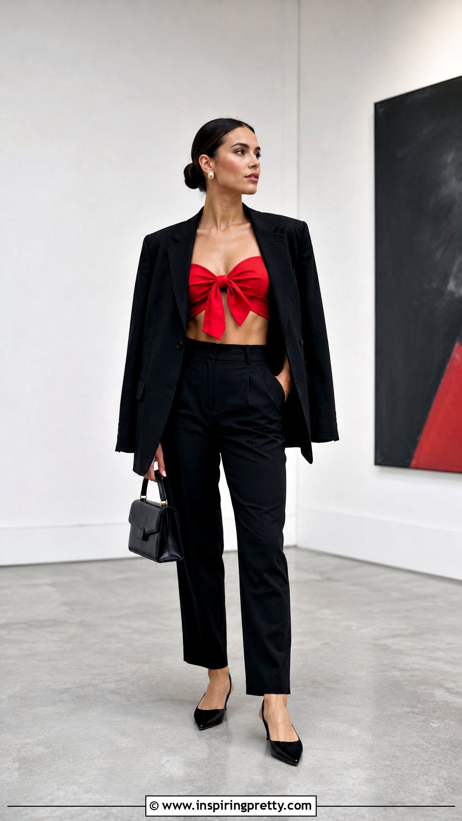 Red Bow Front Crop Top With Black Pants - 20 Bow Front Crop Top outfit ideas