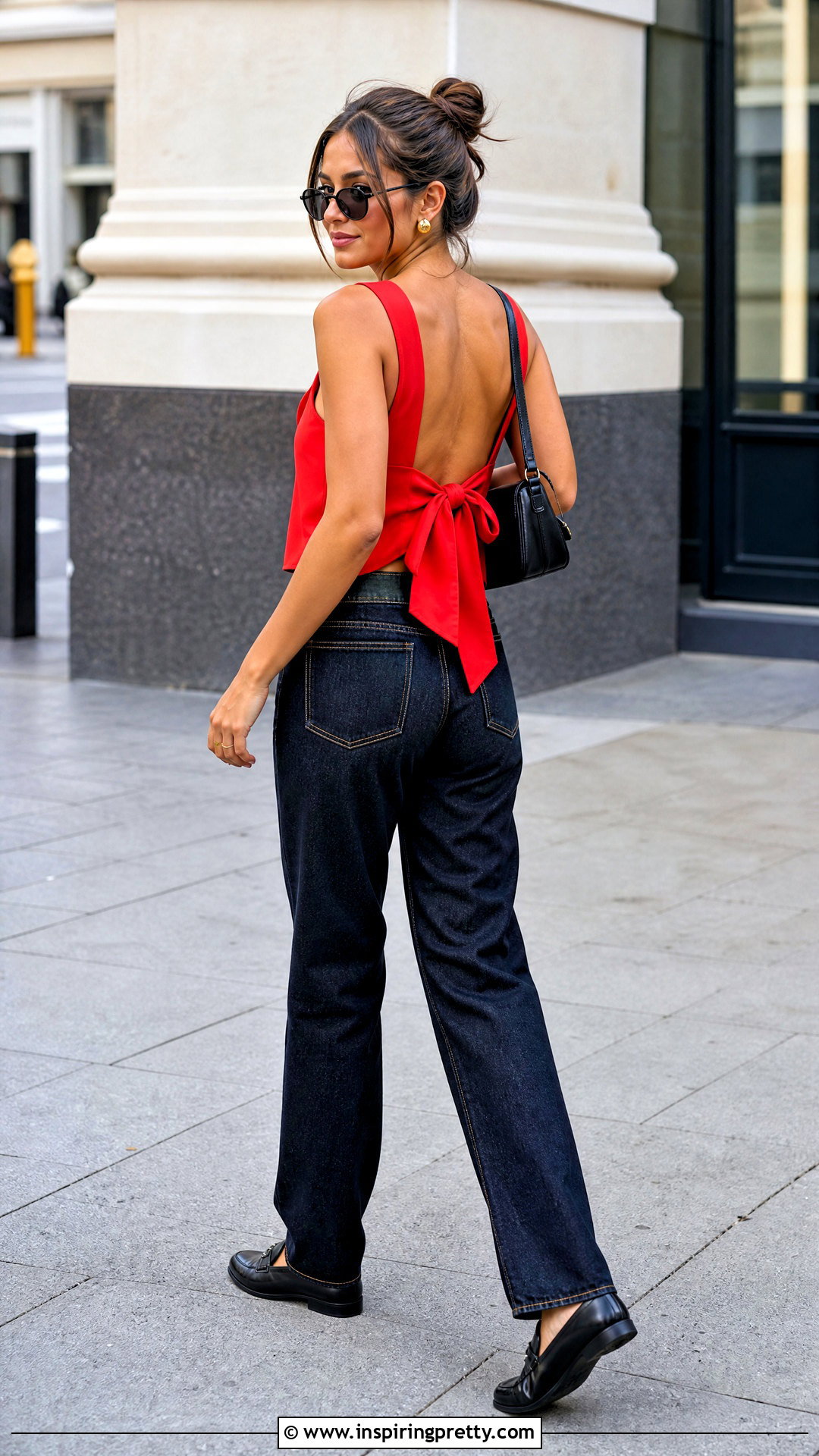 Red Bow Tie Back Top With Dark Wash Jeans - 25 Bow Tie Back Top outfit ideas