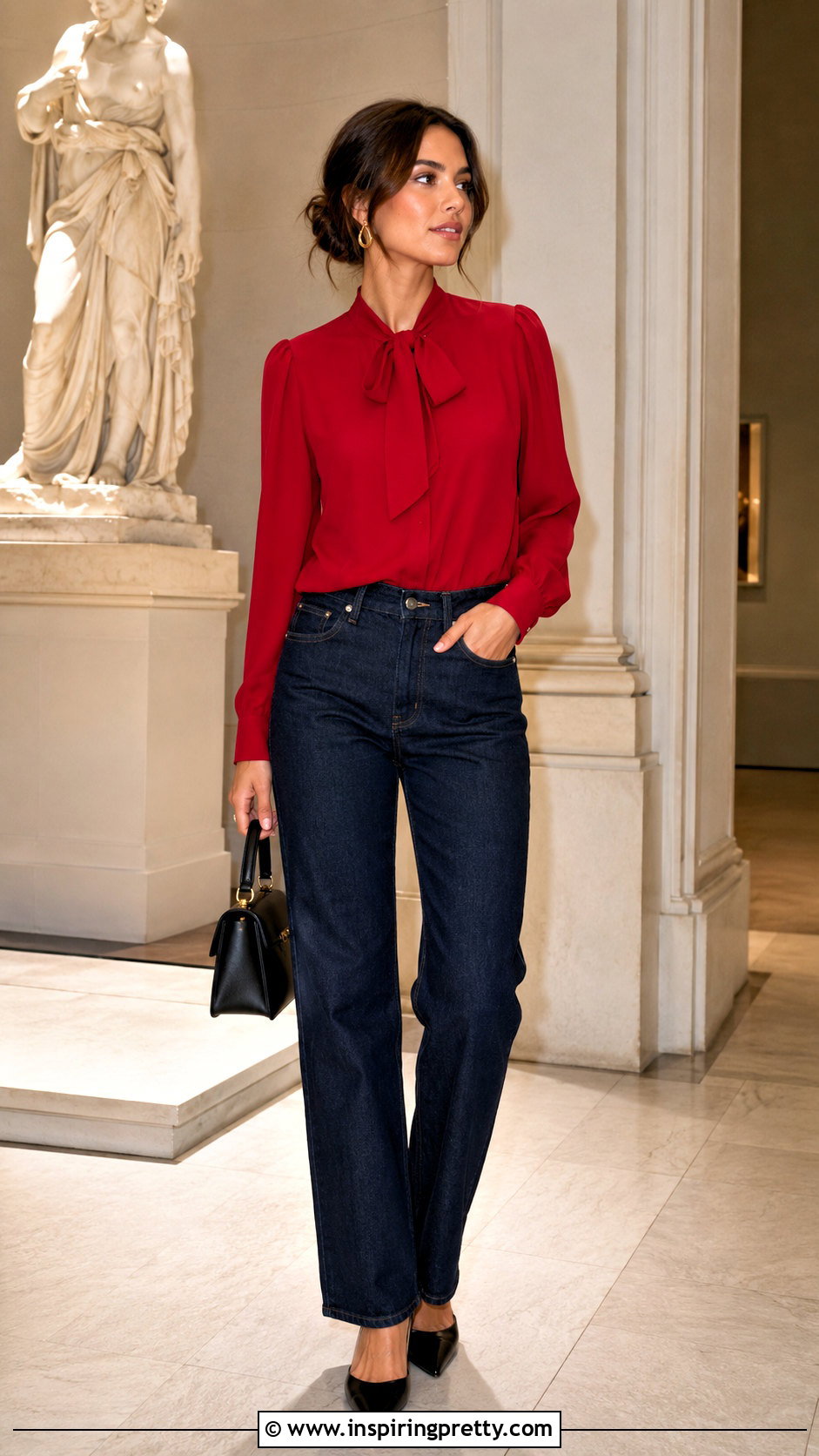 Red Bow Top With Dark Denim - 50 girly tops outfit ideas