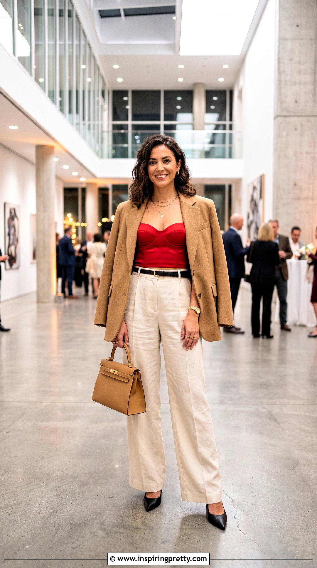 Red Bra Top With Neutral Trousers - 50 bra top outfit ideas