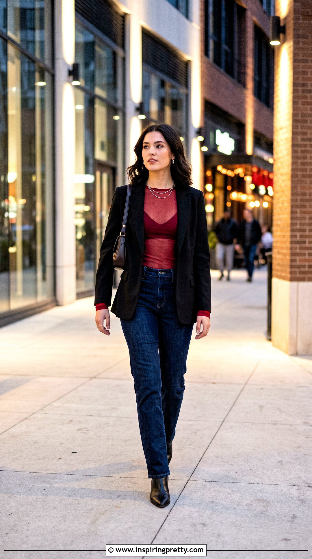 Red Bralette Mesh Top With Dark Denim - 25 bralette mesh top outfit ideas