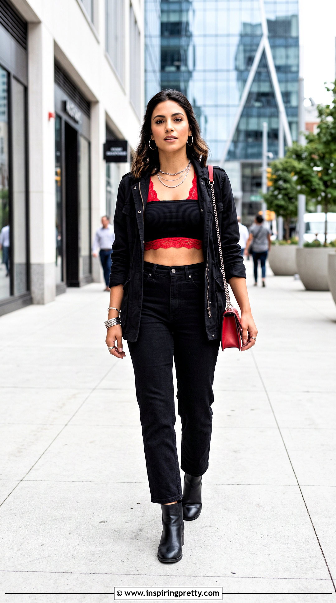 Red Bralette Under Black Tube Top With Black Jeans - 25 bralette under tube top outfit ideas