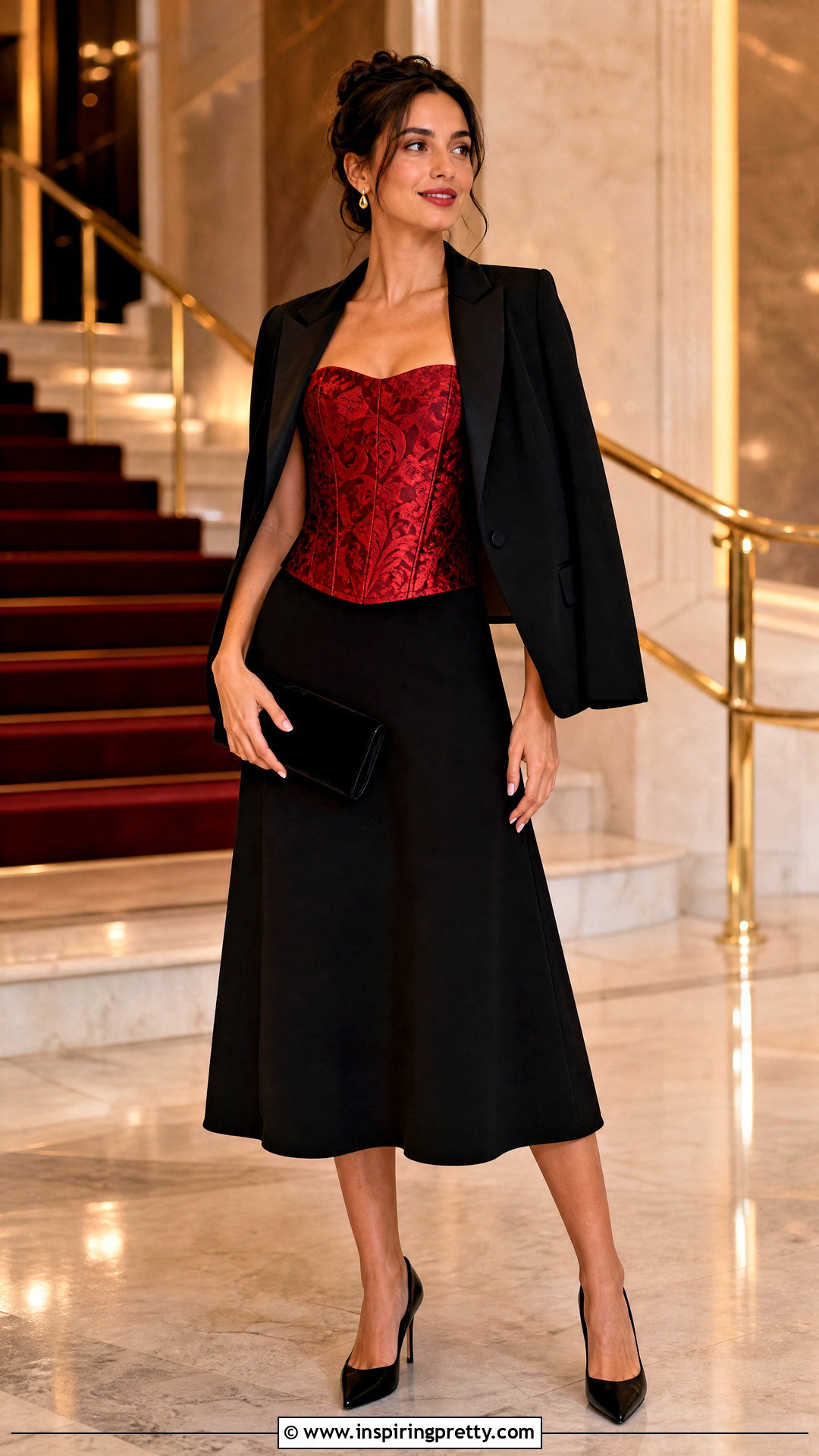 Red Brocade Corset Top With Black Midi Skirt - 20 valentines corset tops