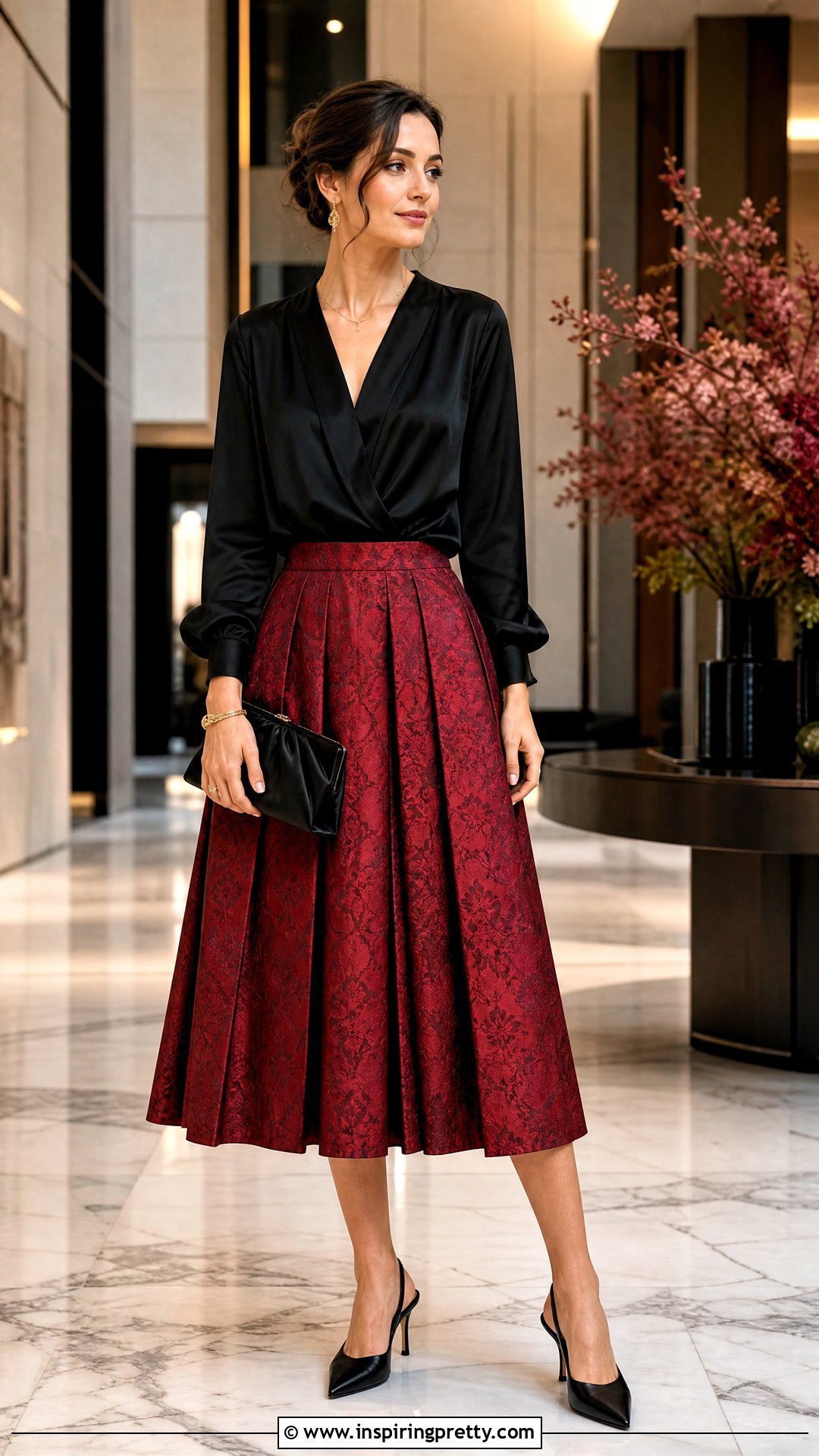 Red Brocade Skirt With Black Silk Blouse - 50 brocade skirt and top outfit ideas