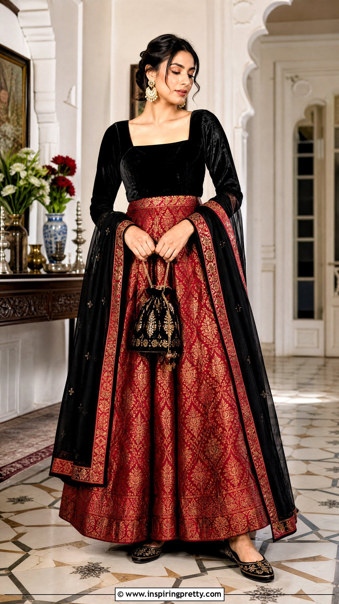 Red Brocade Skirt With Black Velvet Top - 50 skirt top indian outfit ideas
