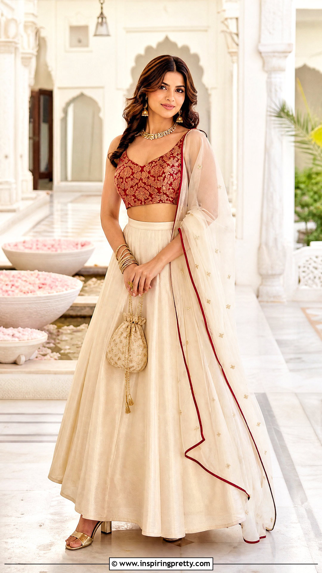 Red Brocade Top With Cream Lehenga - 50 brocade top designs