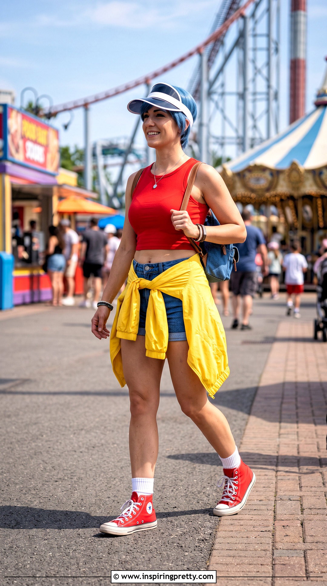 Red Bulma Crop Top With Blue Shorts - 20 bulma crop top outfit ideas