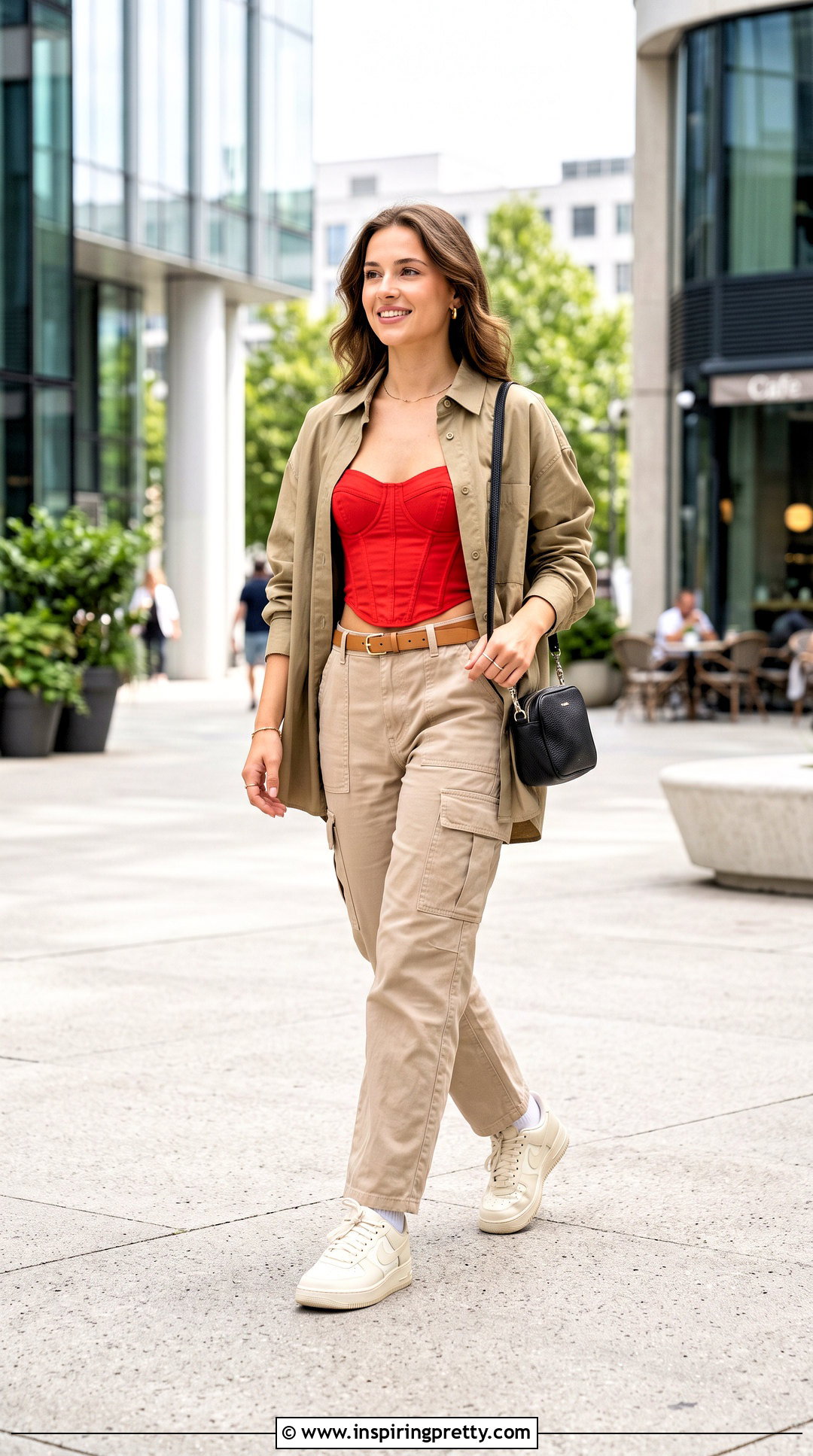 Red Bustier Corset Top With Beige Cargo Pants - 20 red bustier corset top outfit ideas