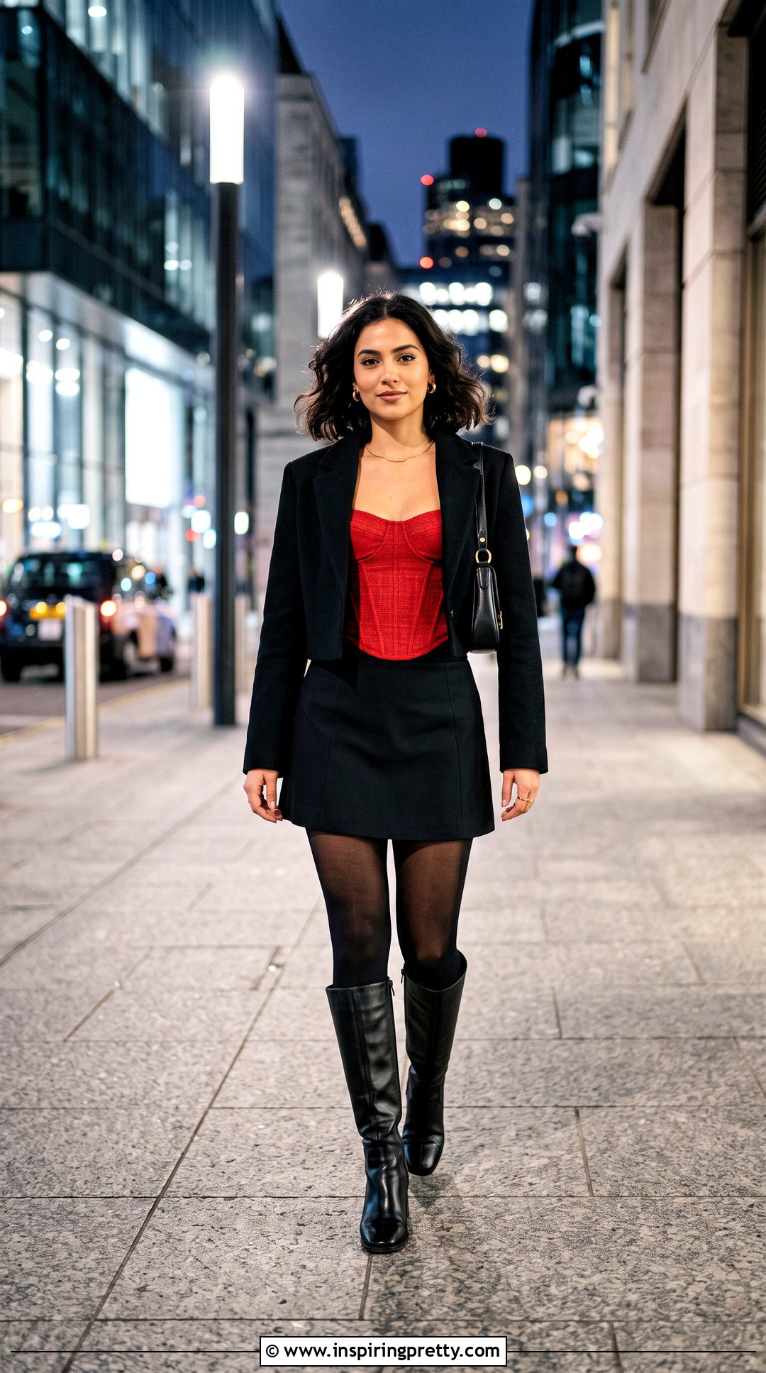Red Bustier Corset Top With Black Mini Skirt And Boots - 20 red bustier corset top outfit ideas