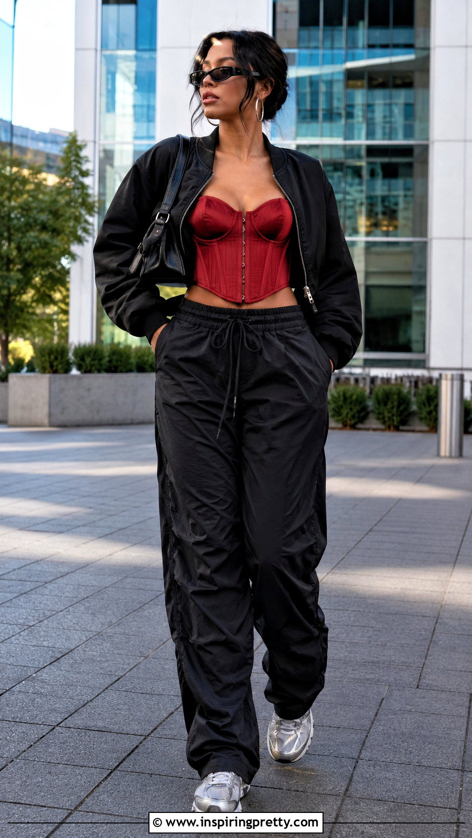 Red Bustier Corset Top With Black Parachute Pants - 20 red bustier corset top outfit ideas
