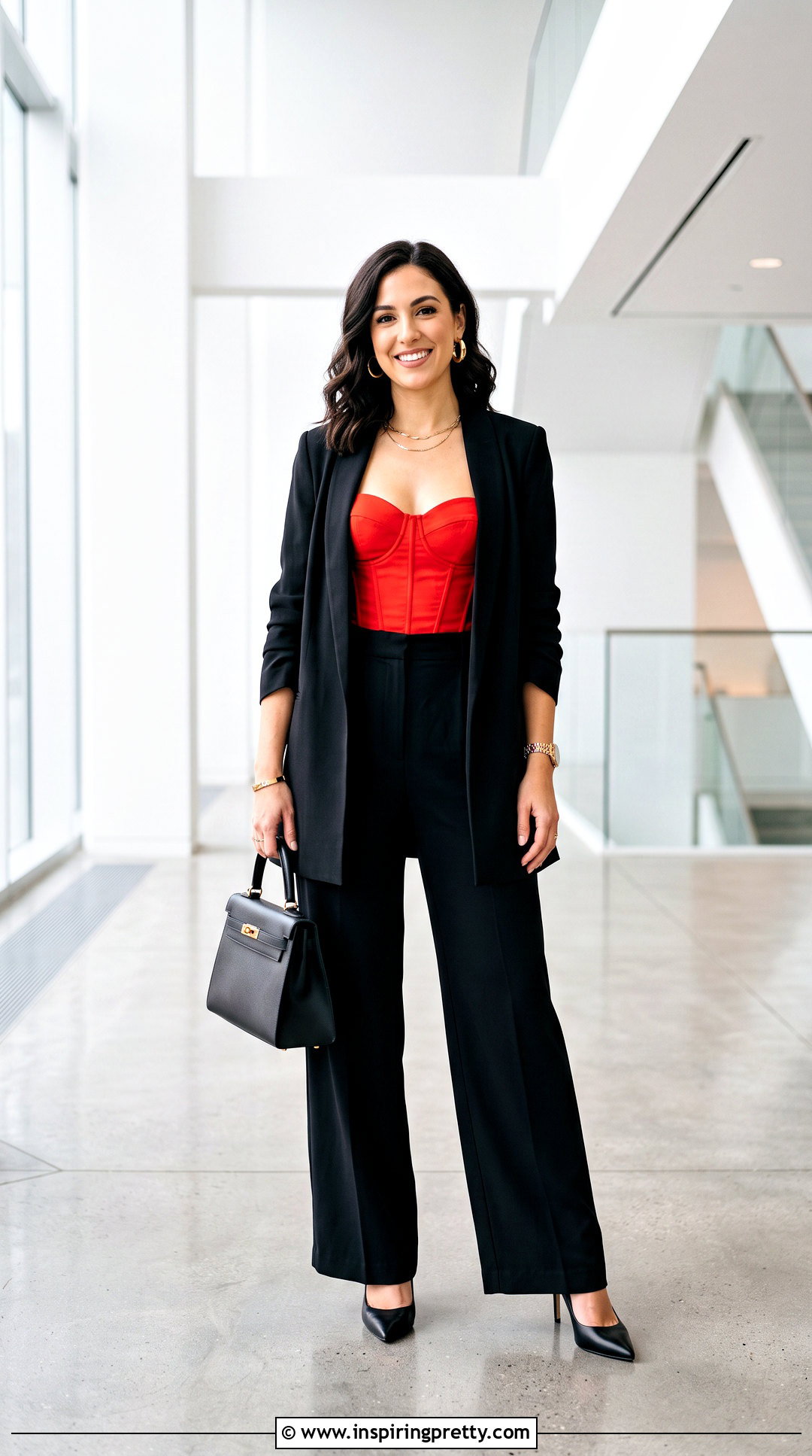 Red Bustier Corset Top With Black Tailored Trousers - 20 red bustier corset top outfit ideas