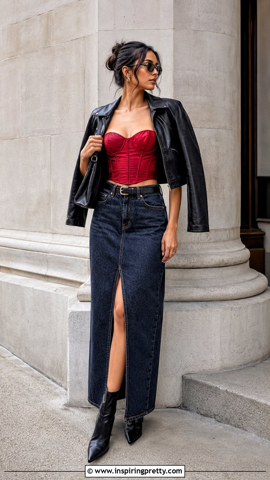 Red Bustier Corset Top With Denim Maxi Skirt - 20 red bustier corset top outfit ideas