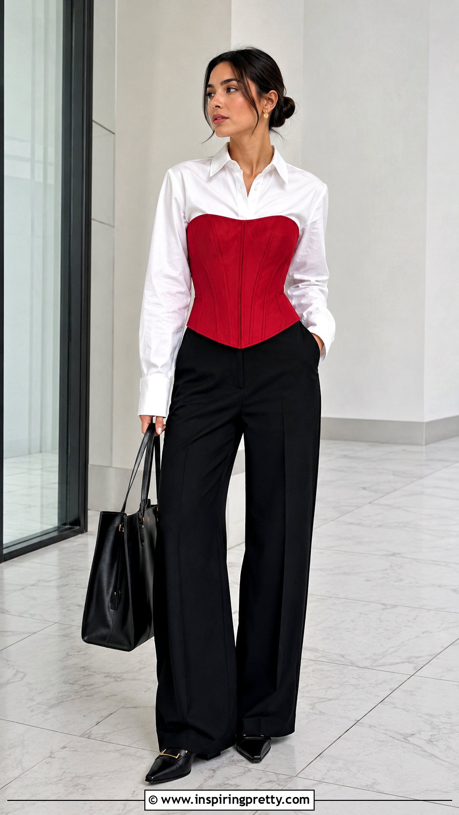 Red Bustier Corset Top With White Shirt And Black Trousers - 20 red bustier corset top outfit ideas