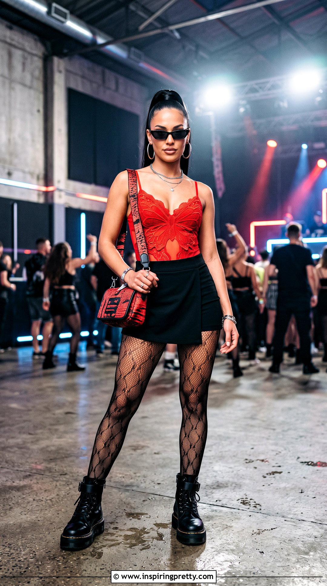 Red Butterfly Rave Top With Black Mini Skirt - 25 butterfly rave top outfit ideas