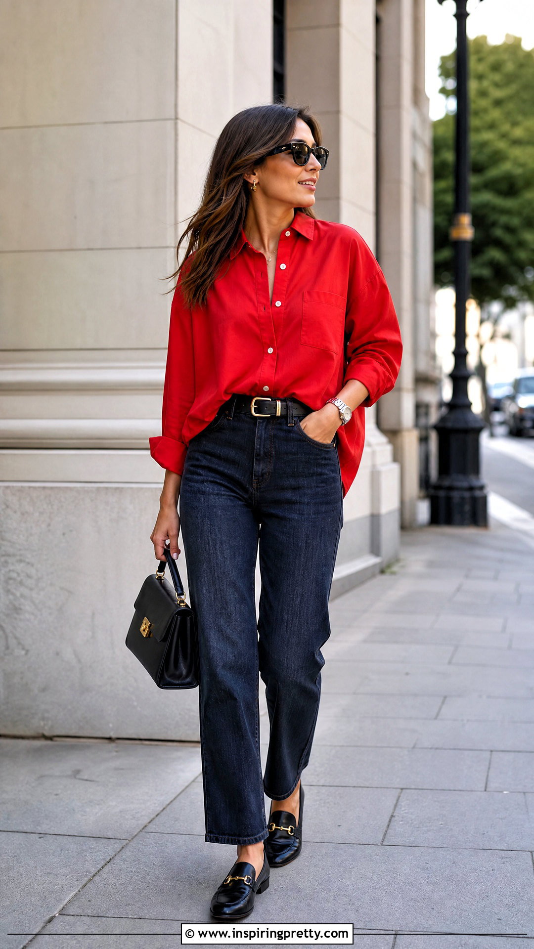 Red Button Down Shirt With Straight Jeans - 50 cute red tops outfit ideas