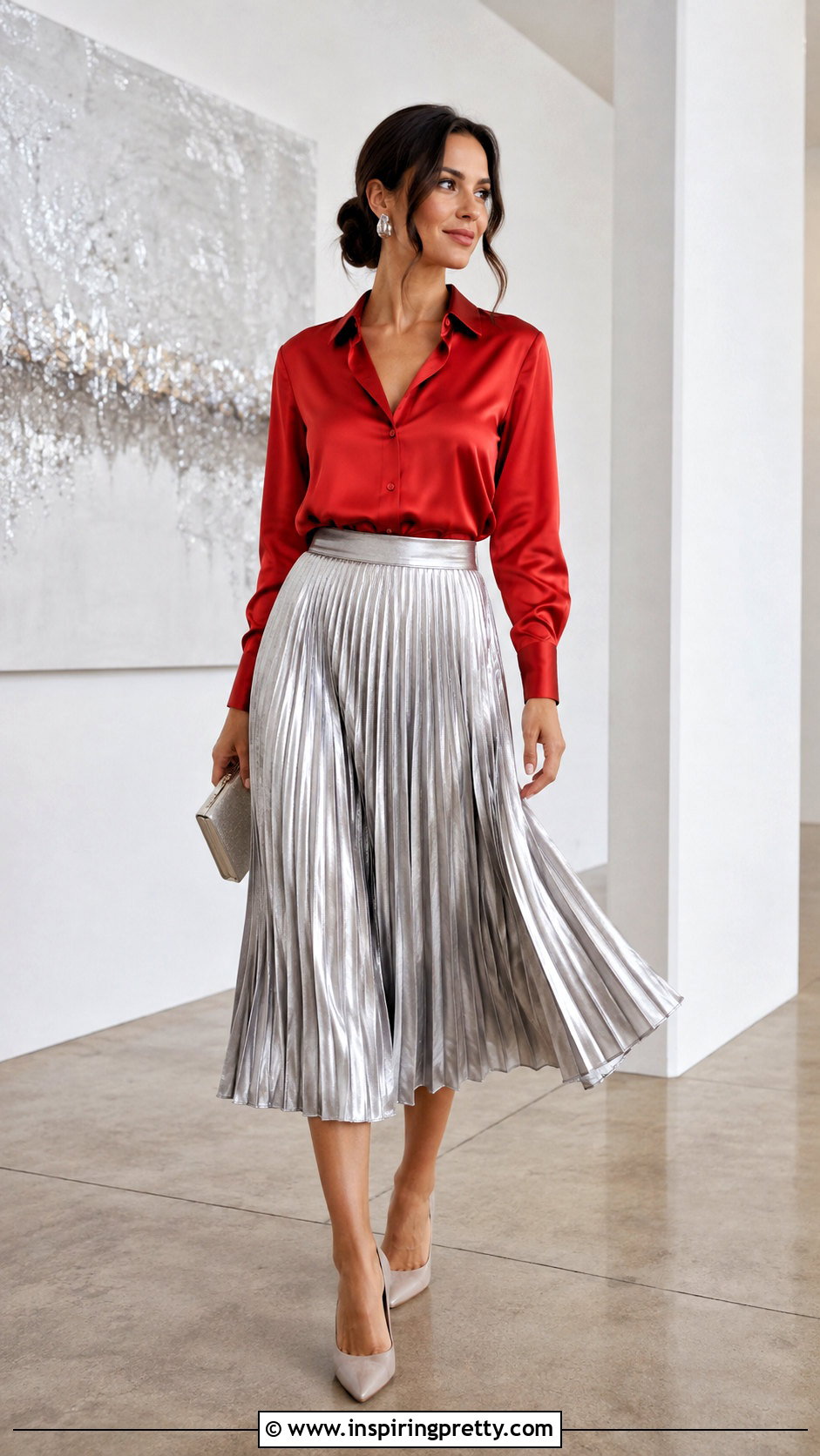 Red Button Down With Metallic Midi Skirt - 50 red top outfit party ideas