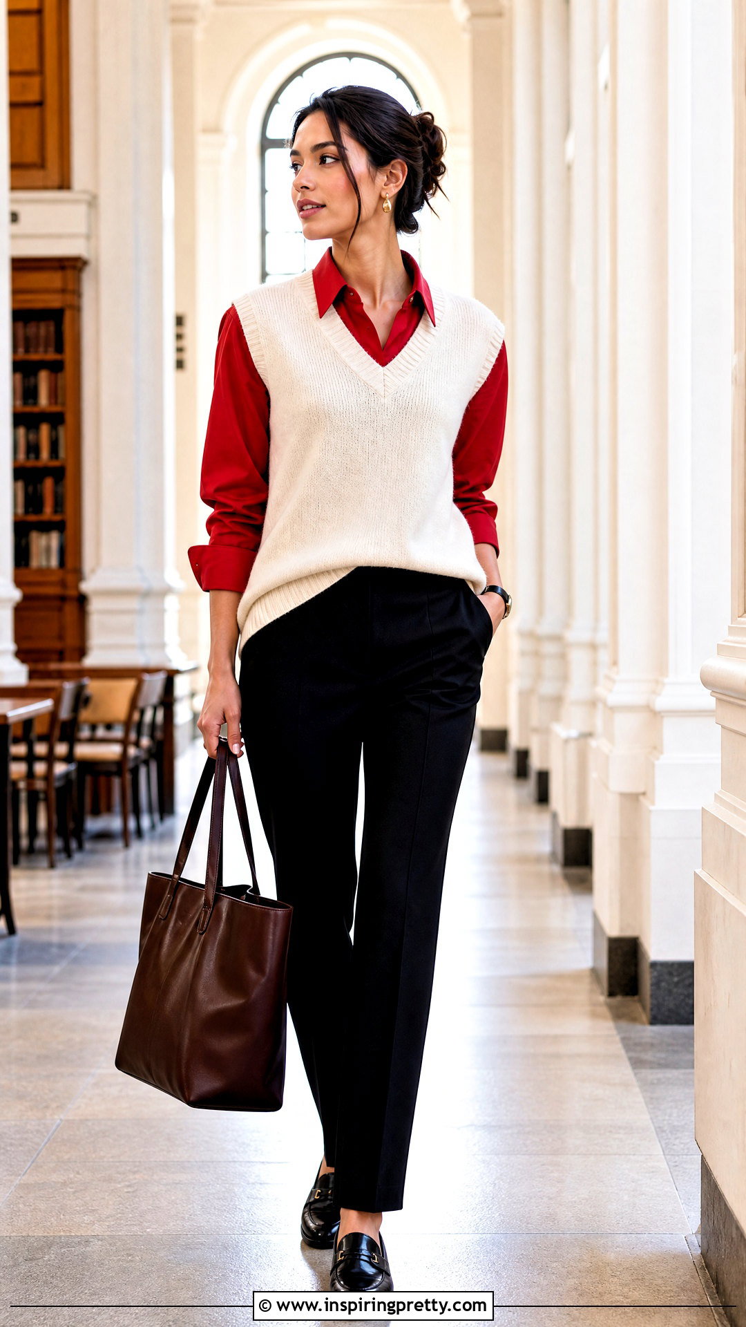 Red Button Down With Sweater Vest And Trousers - how to style a red top (50 ways)