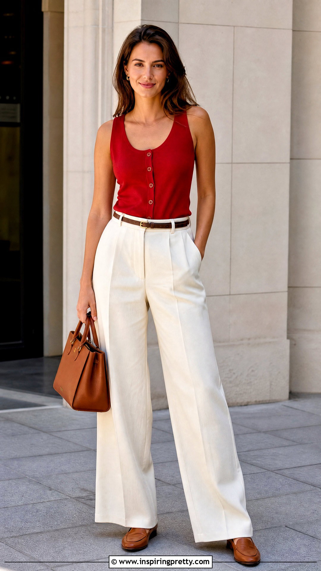 Red Button Up Tank Top With Cream Trousers - 20 button-up tank top style outfit ideas