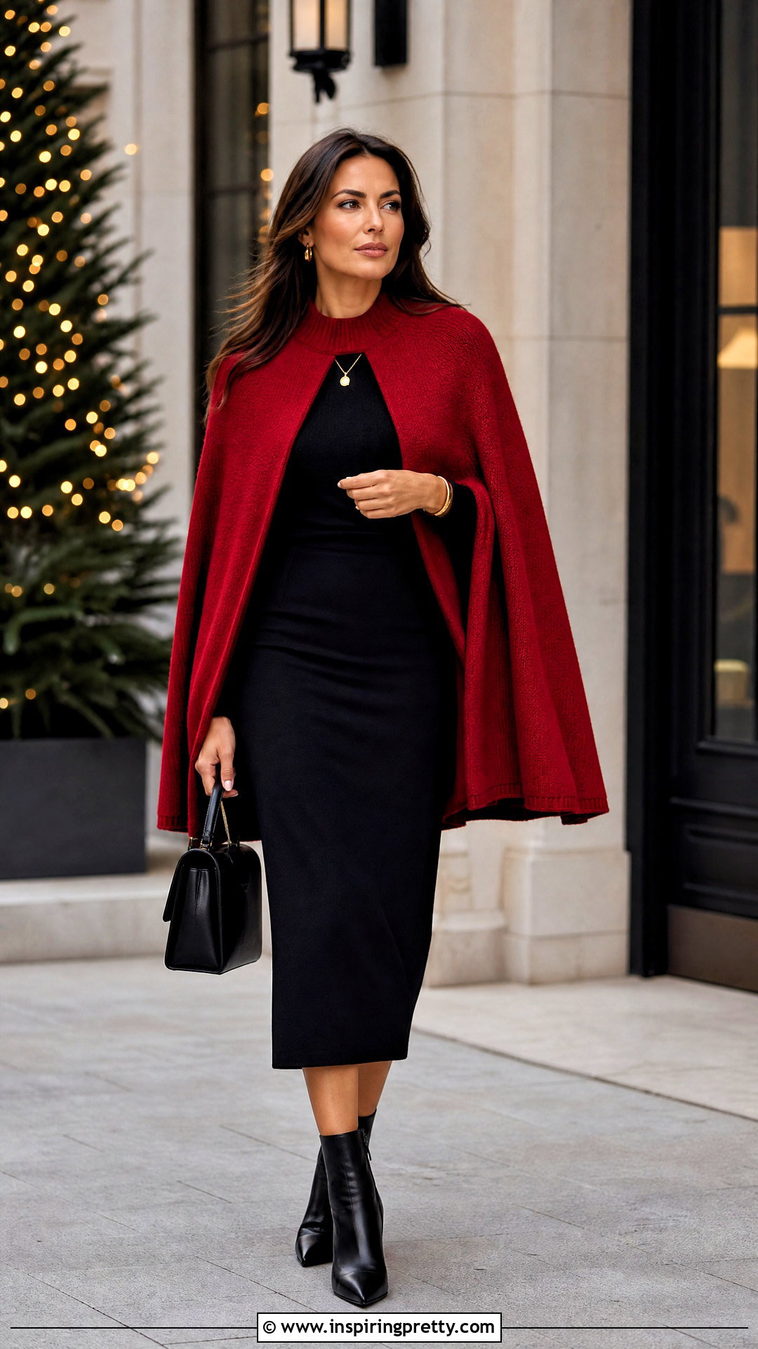 Red Cape Knit Top With Black Midi Skirt - 25 cape knit top outfit ideas
