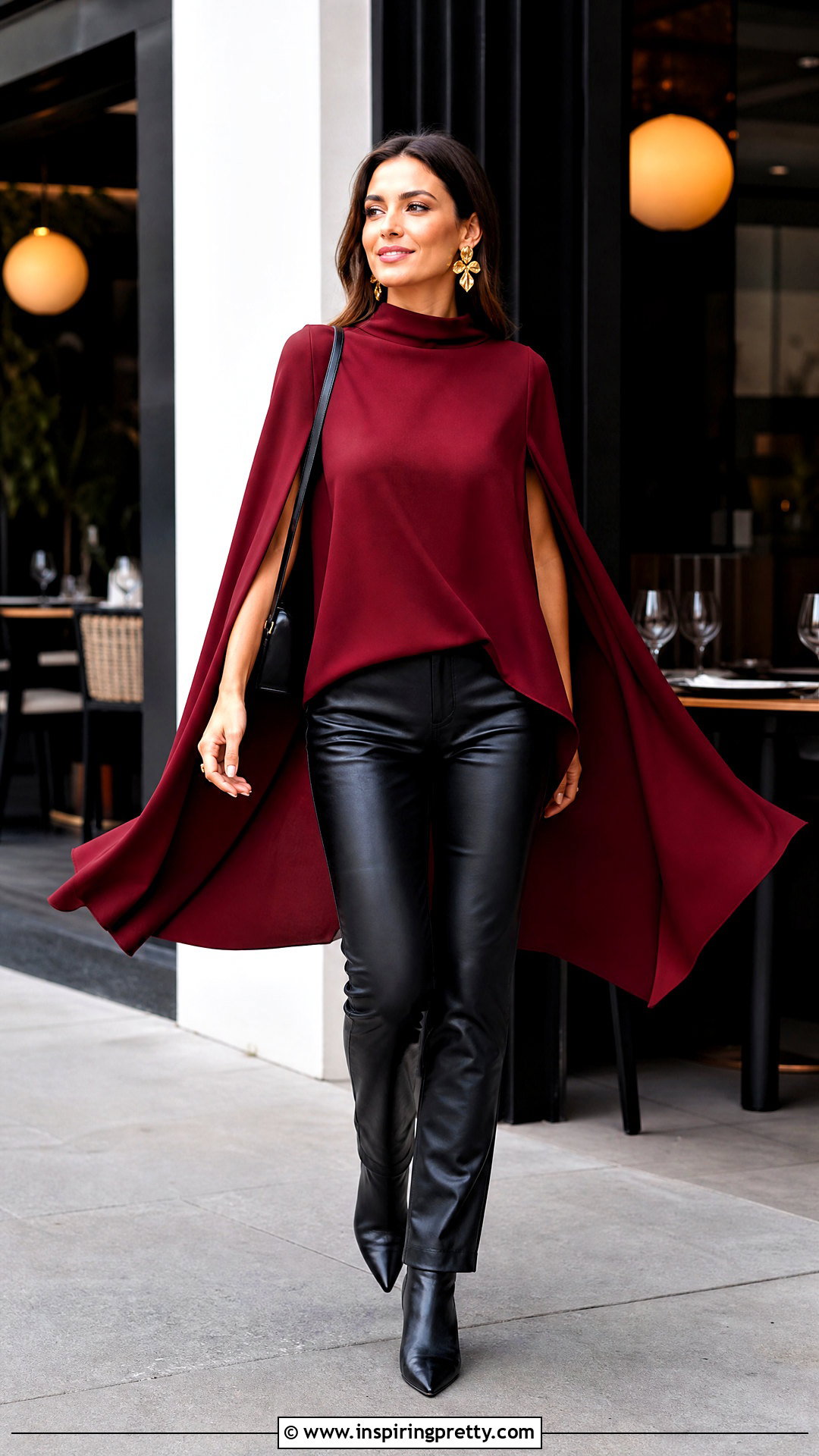 Red Cape Top With Faux Leather Pants - 50 Cape Top outfit ideas