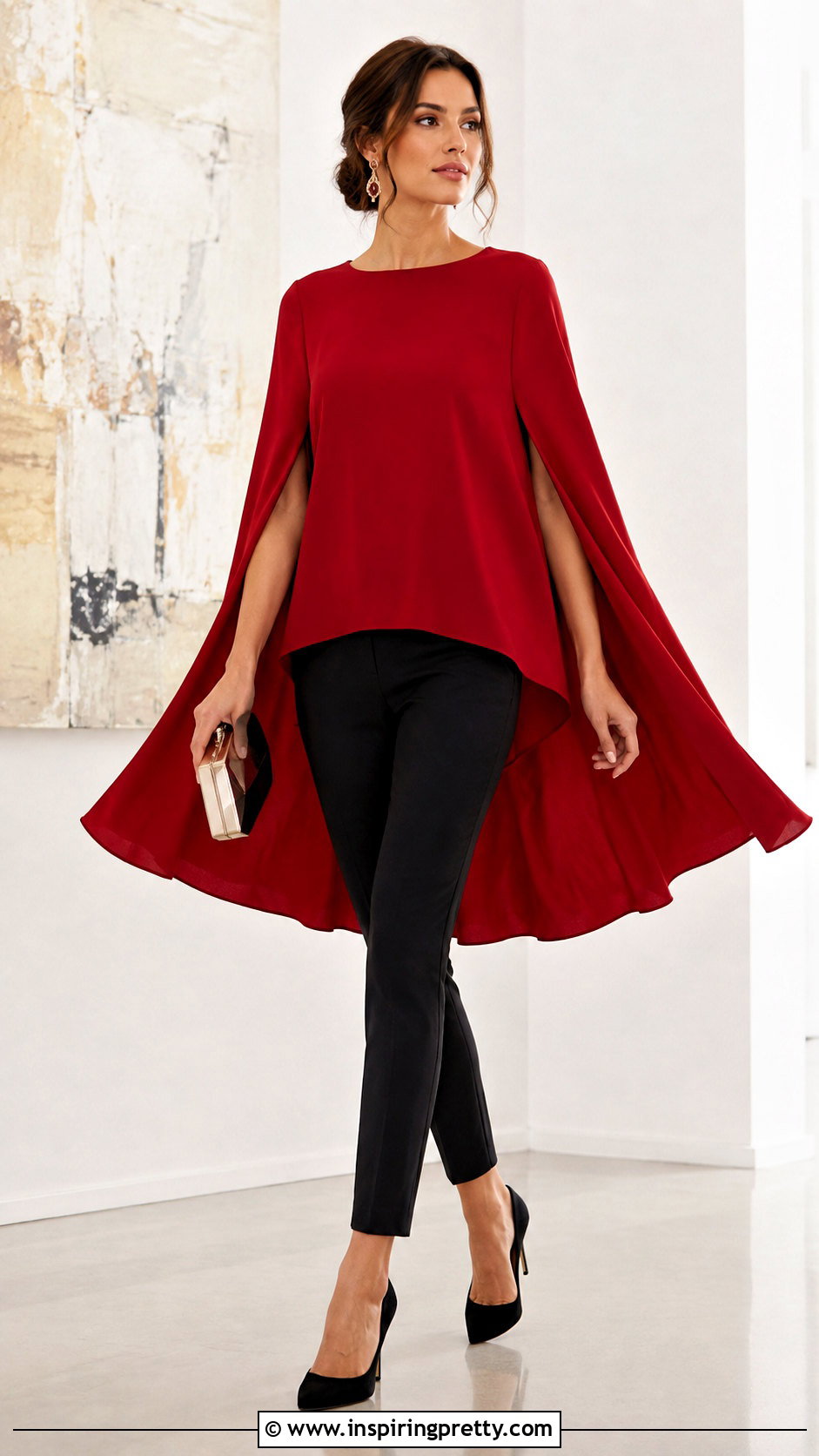 Red Cape Top With Slim Black Pants - 50 red top outfit party ideas