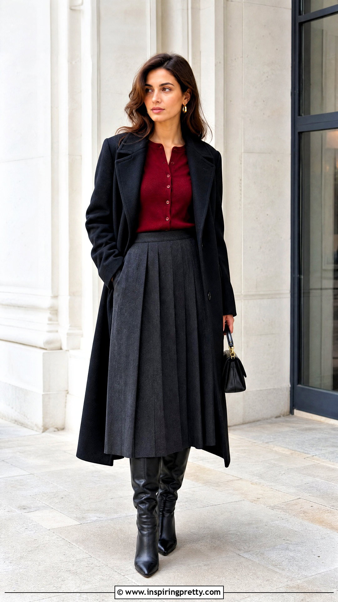 Red Cardigan Autumn Top With Gray Midi Skirt - 50 autumn tops outfit ideas