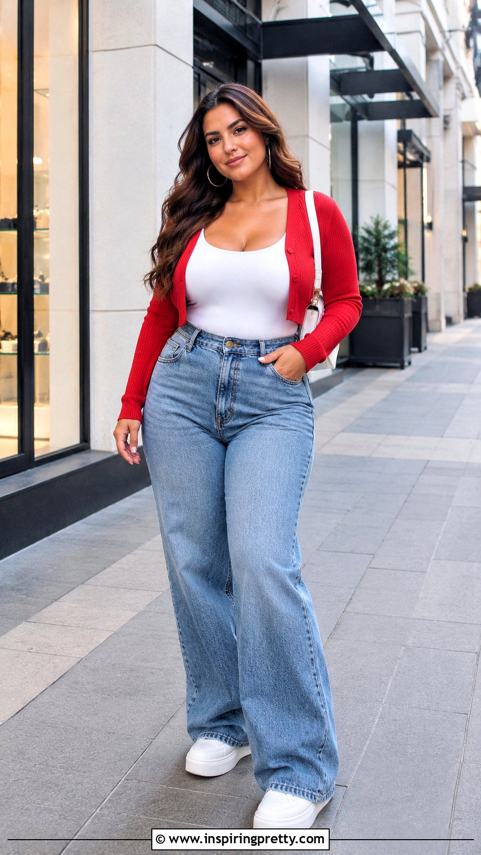 Red Cardigan White Bodysuit and Wide Leg Jeans - 20 red cardiganwhite top outfit ideas