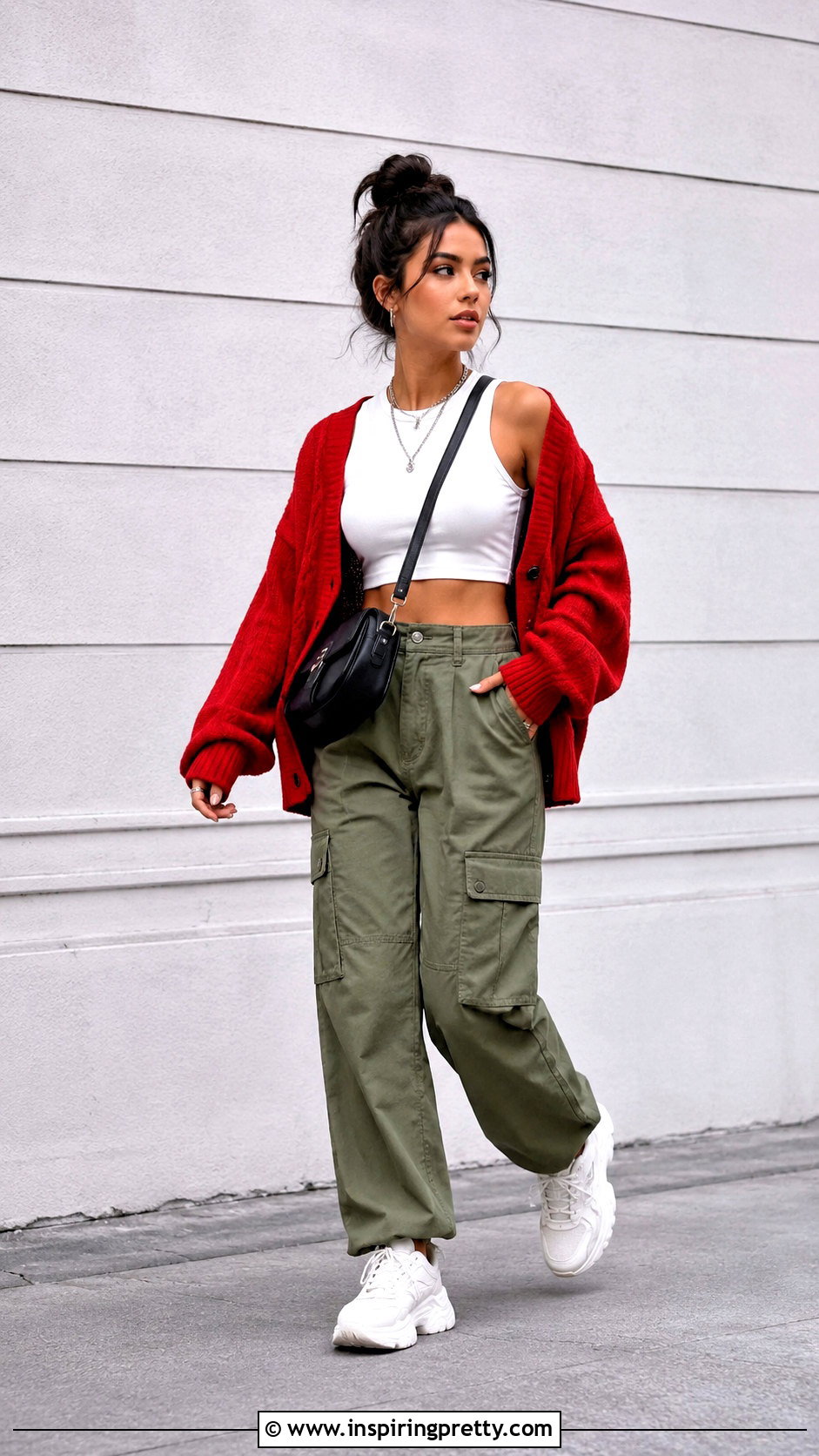 Red Cardigan White Crop Top and Cargo Pants - 20 red cardiganwhite top outfit ideas