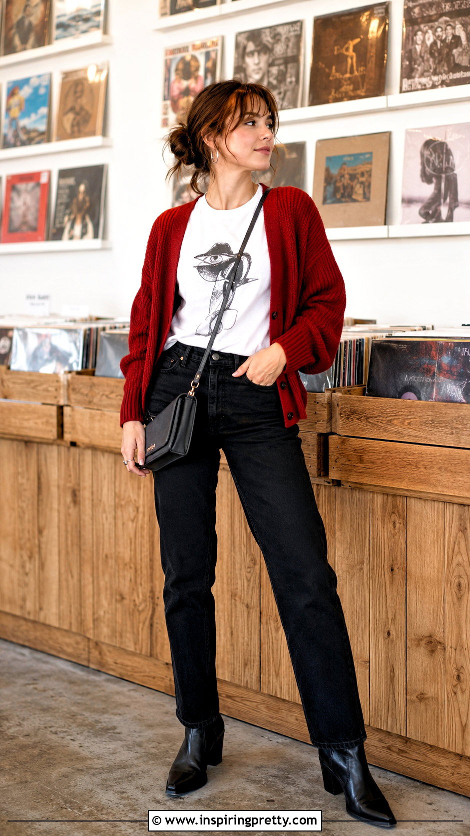 Red Cardigan White Graphic Tee and Black Jeans - 20 red cardiganwhite top outfit ideas