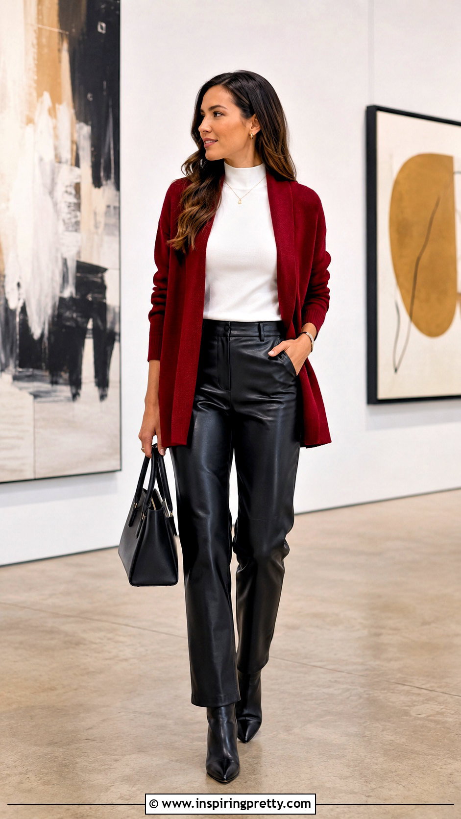 Red Cardigan White Mock Neck Top and Leather Pants - 20 red cardiganwhite top outfit ideas