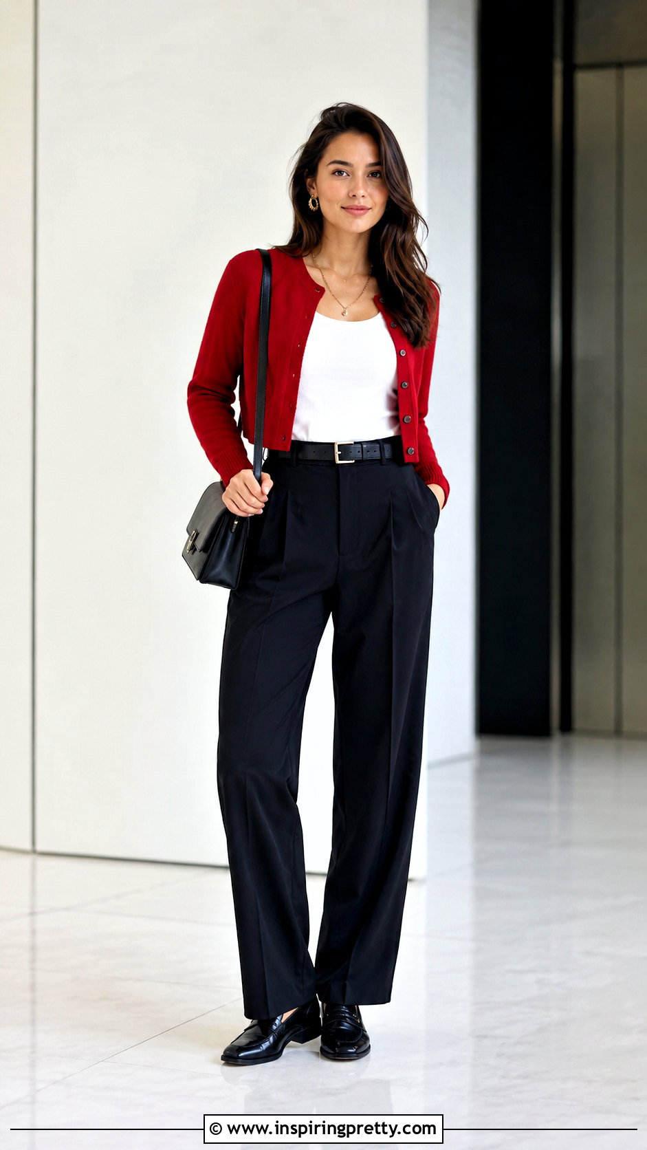 Red Cardigan White Tank and Black Trousers - 20 red cardiganwhite top outfit ideas