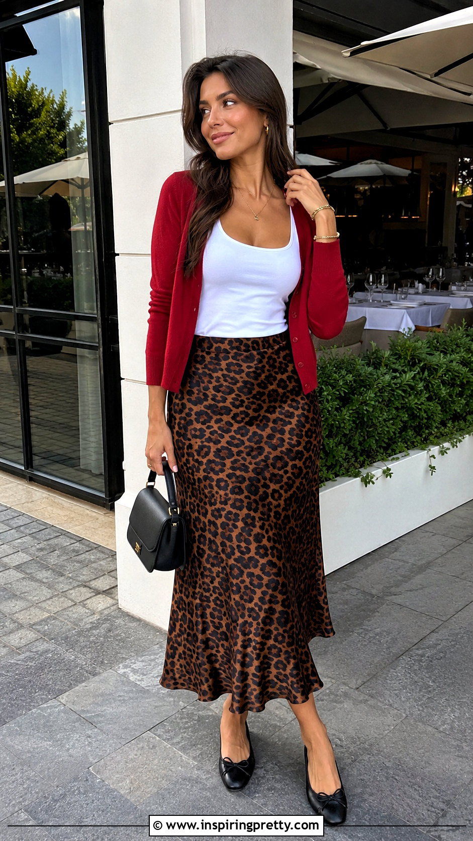 Red Cardigan White Top and Leopard Midi Skirt - 20 red cardiganwhite top outfit ideas