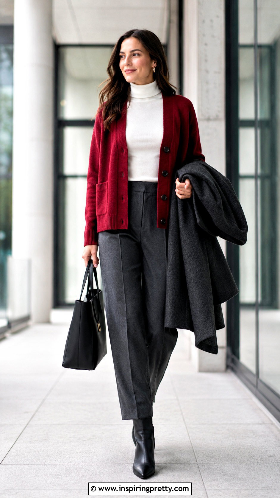 Red Cardigan White Turtleneck and Gray Pants - 20 red cardiganwhite top outfit ideas