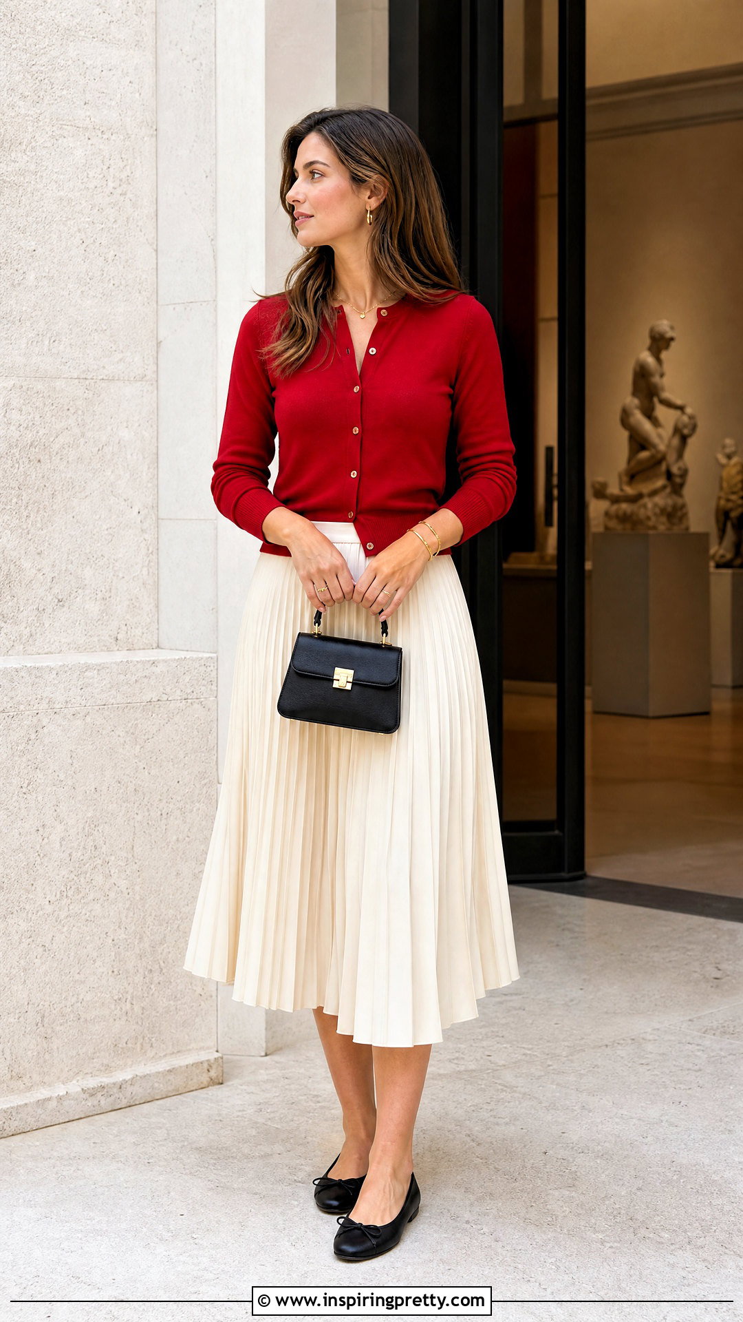 Red Cardigan With Pleated Midi Skirt - 50 cute red tops outfit ideas