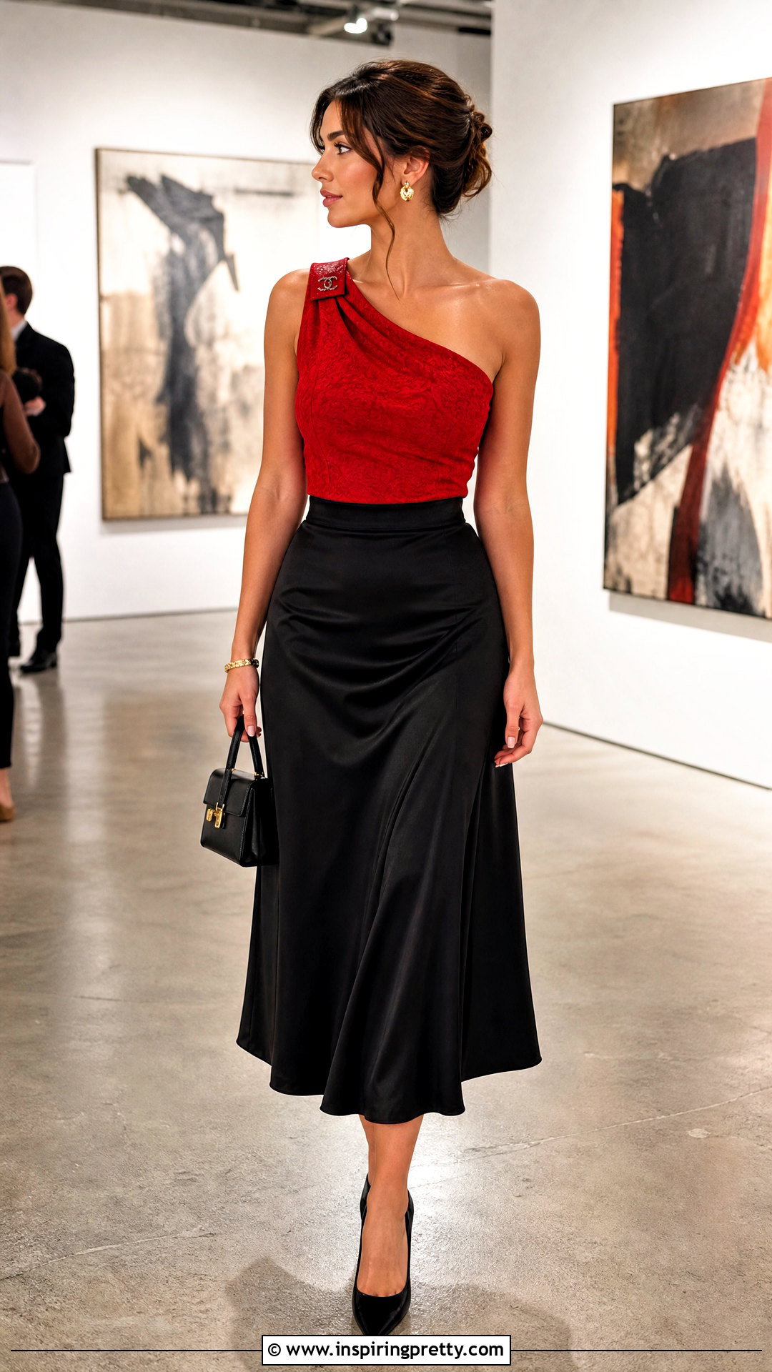 Red Chanel One Shoulder Top With Black Midi Skirt - 25 Chanel One Shoulder Top outfit ideas