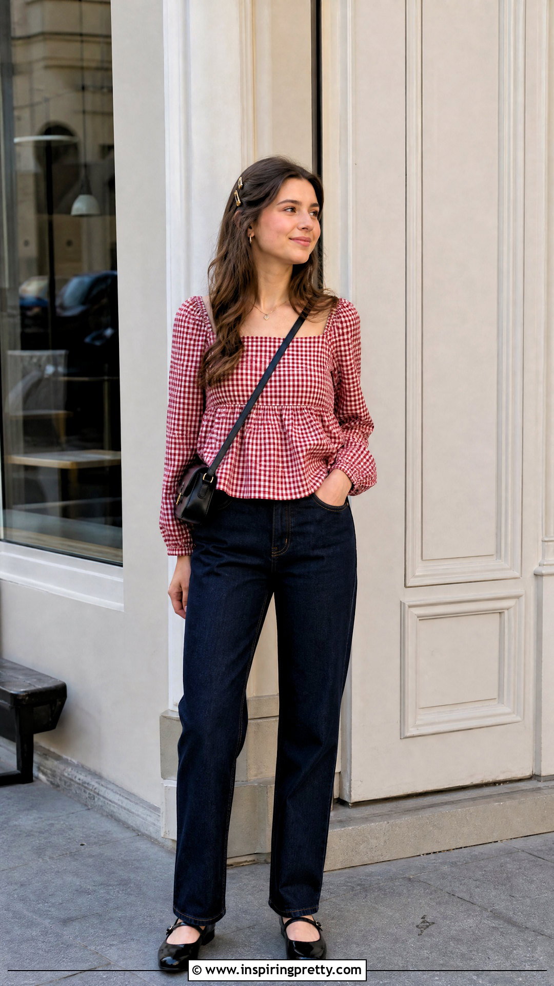 Red Check Cotton Top With Dark Jeans - 25 Girls Cotton Top Design For Jeans