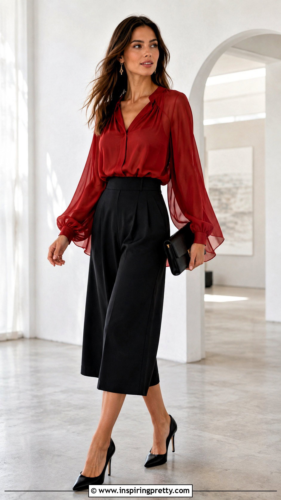 Red Chiffon Blouse With Black Culottes - 50 red top outfit party ideas