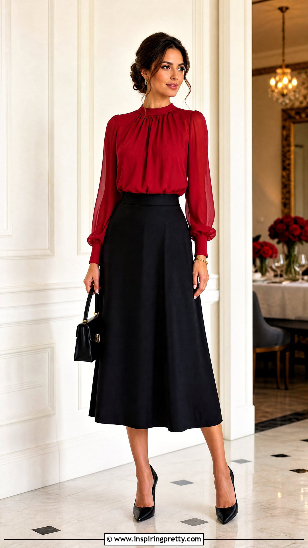 Red Chiffon Top With Black Midi Skirt - 50 chiffon tops outfit ideas