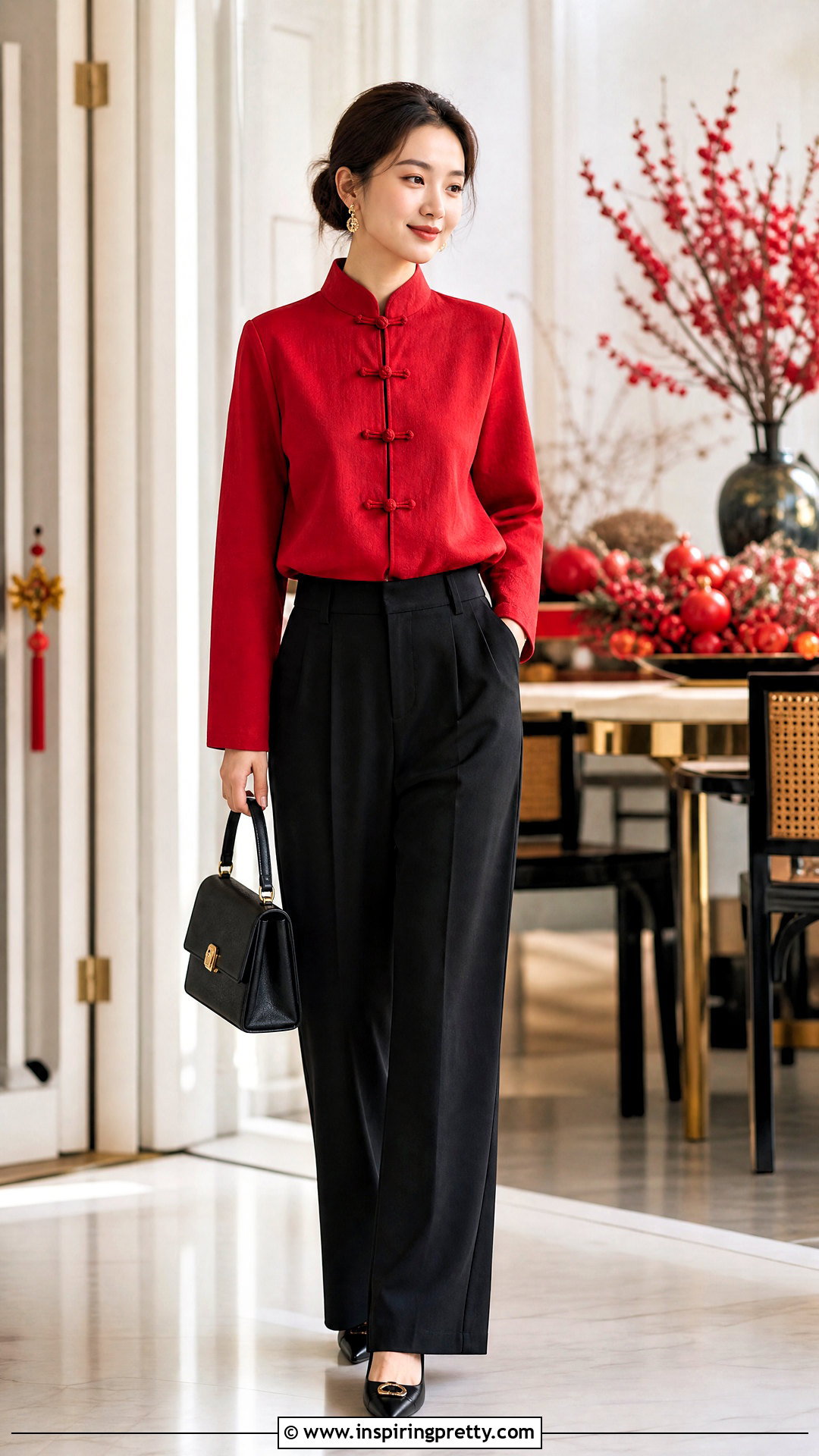 Red Chinese Top With Black Wide Leg Pants - 50 chinese top outfit ideas