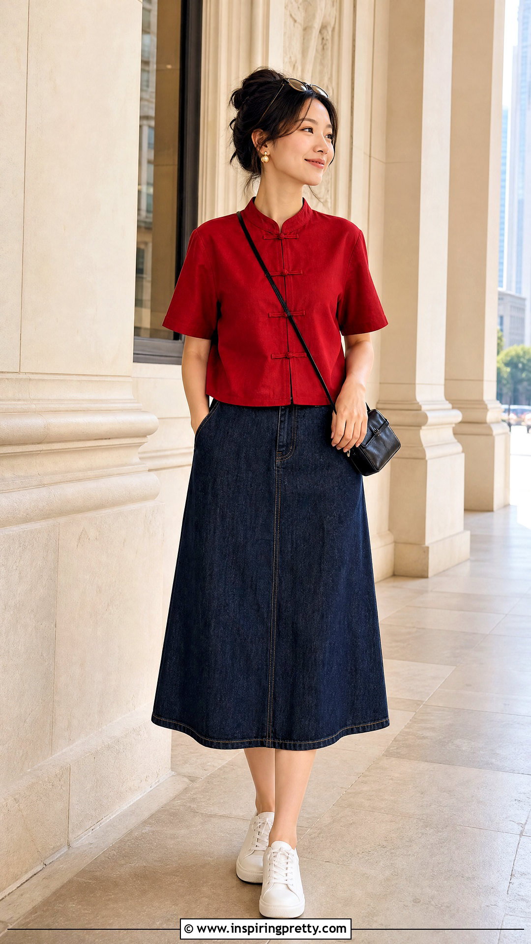 Red Chinese Top With Denim Midi Skirt - 50 chinese top outfit ideas