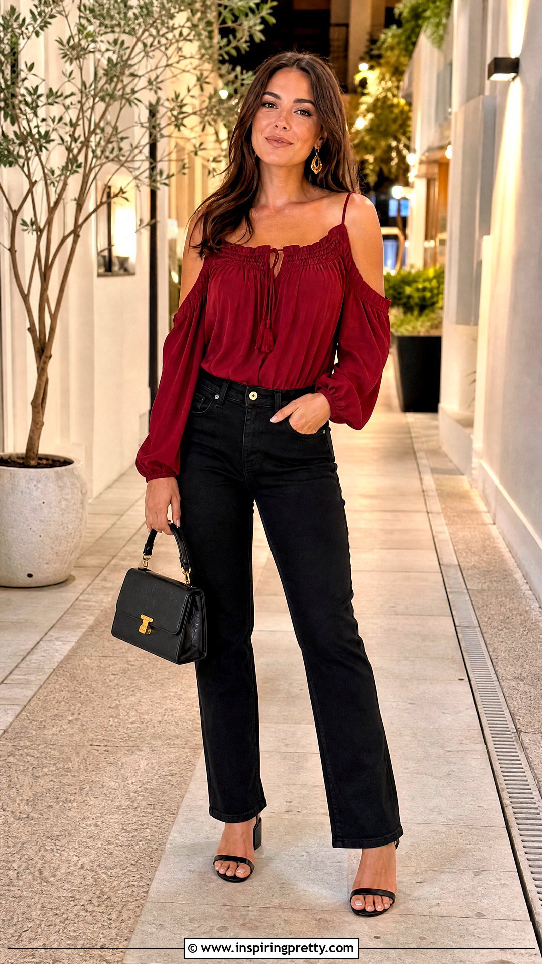 Red Cold Shoulder Peasant Top With Black Skinny Jeans - 20 cold shoulder peasant top outfit ideas