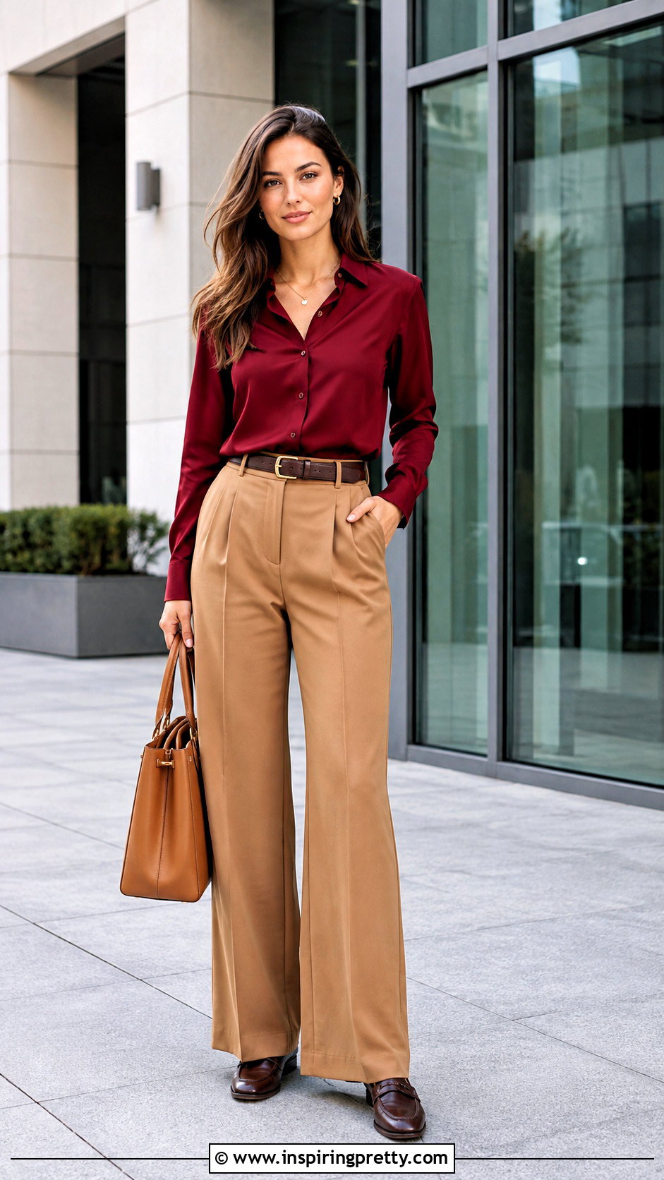 Red Corporate Shirt With Camel Trousers - 50 corporate tops outfit ideas