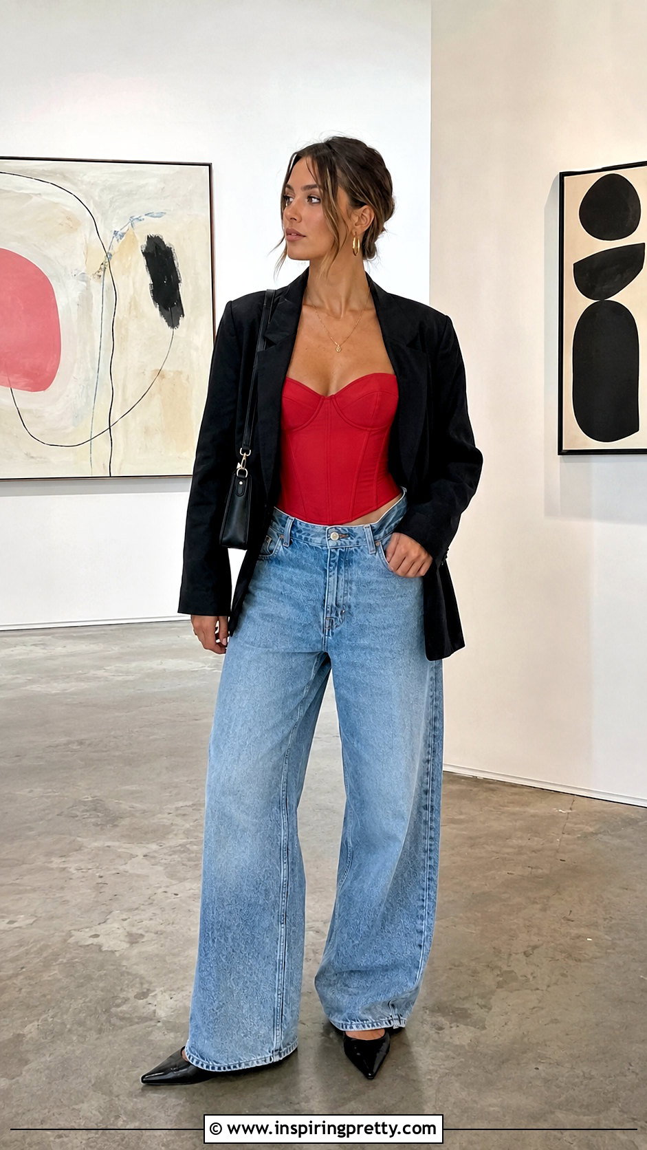 Red Corset Style Top With Loose Jeans - 20 red top and jeans styles