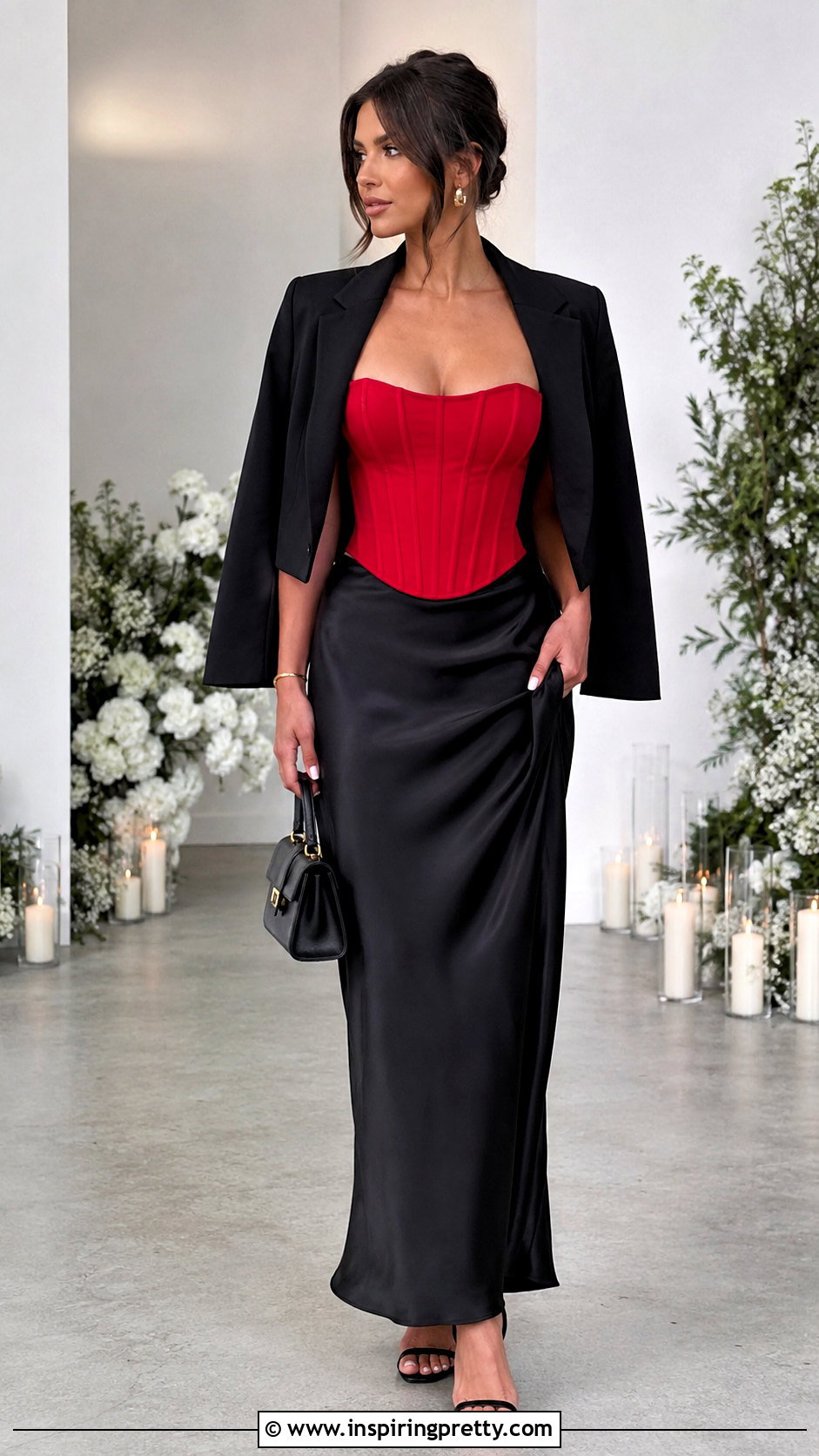 Red Corset Top And Black Maxi Skirt - 50 corset top and skirt outfit ideas
