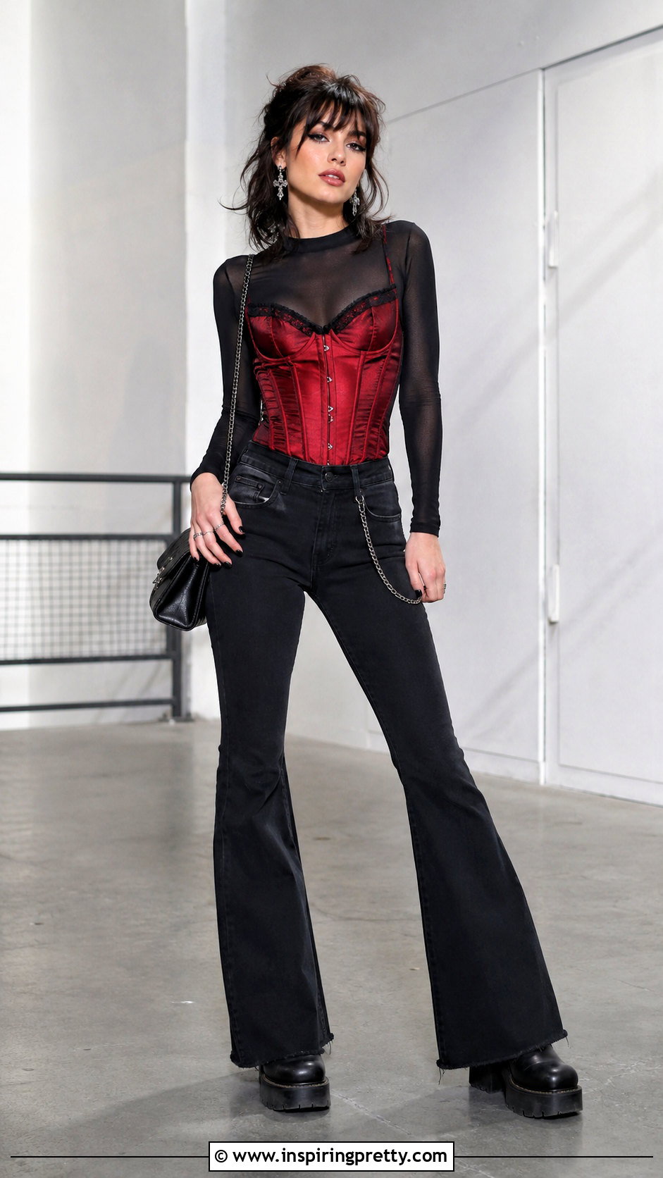 Red Corset Top Over A Black Mesh Shirt - 25 Red Corset Top Shein outfit ideas