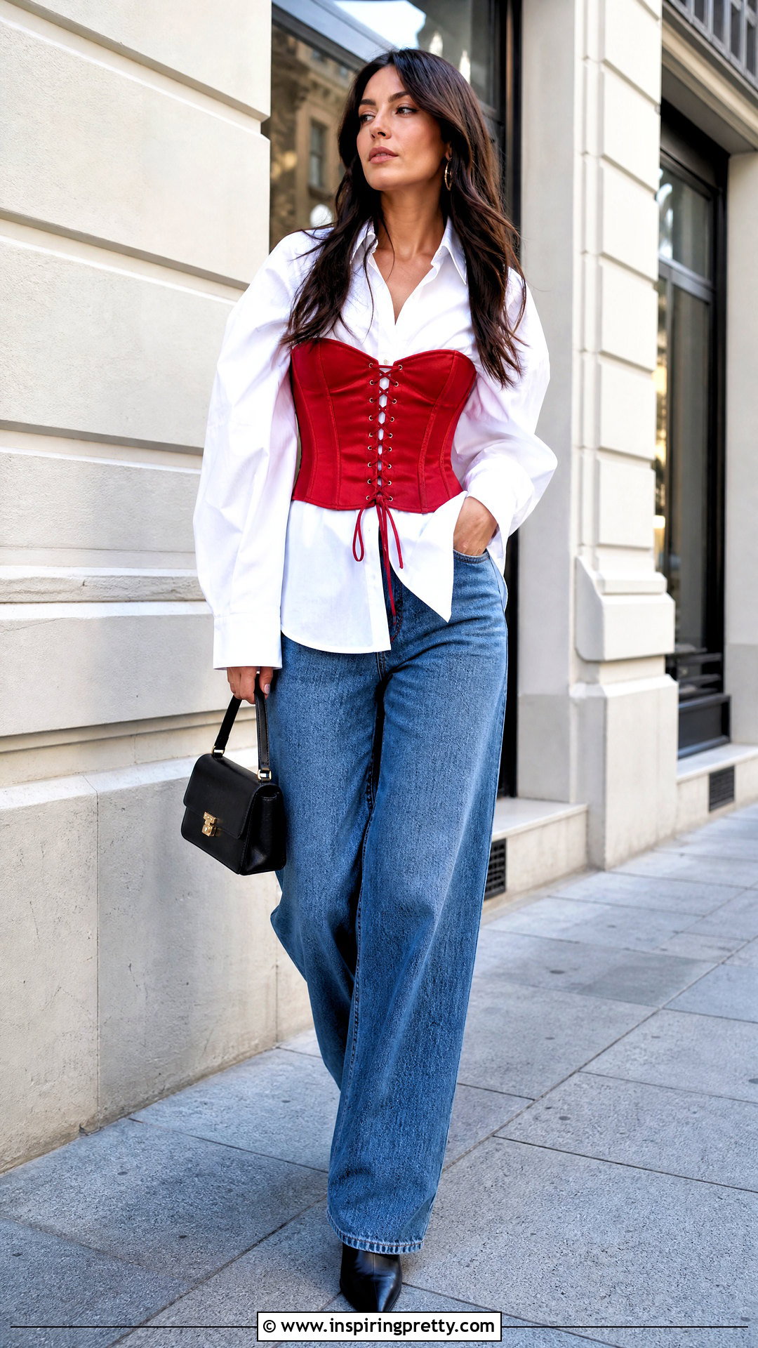 Red Corset Top Over A White Button Down With Jeans - What To Wear With A Red Corset Top (25 Ways)