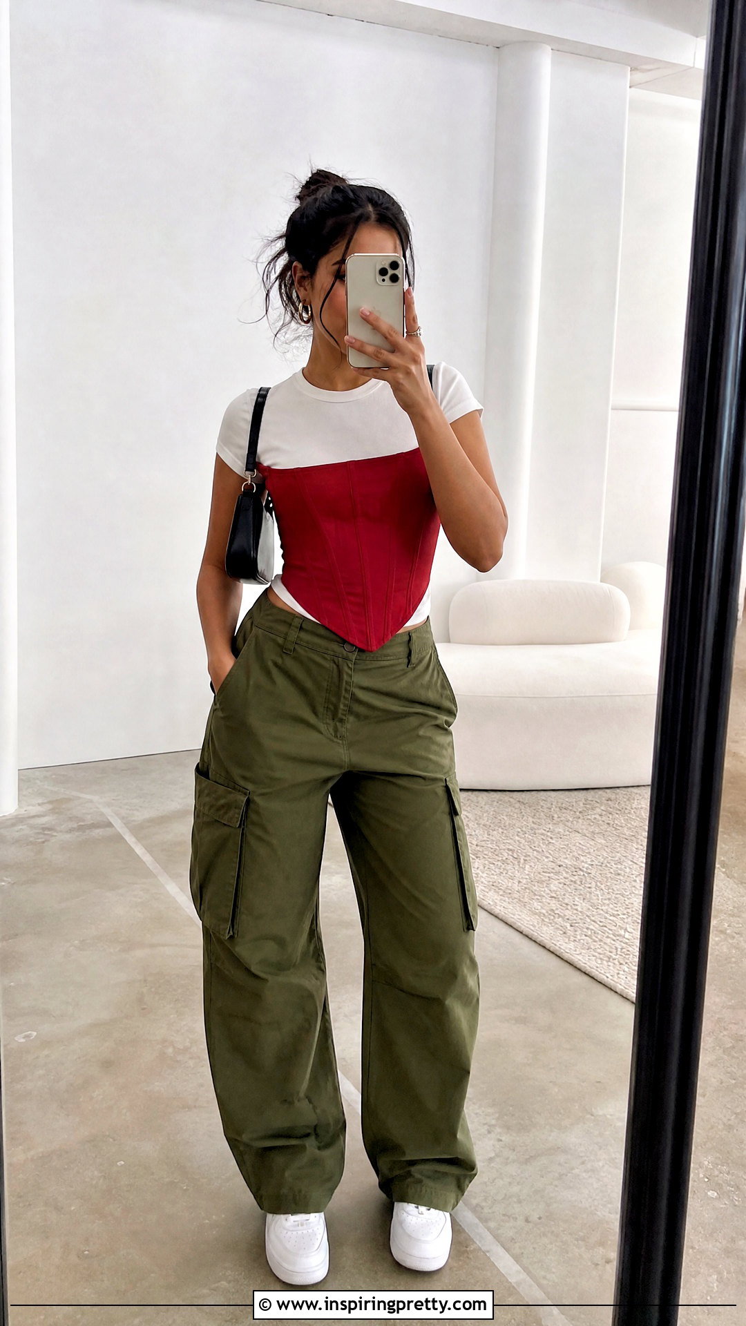 Red Corset Top Over A White T Shirt With Cargo Pants - What To Wear With A Red Corset Top (25 Ways)